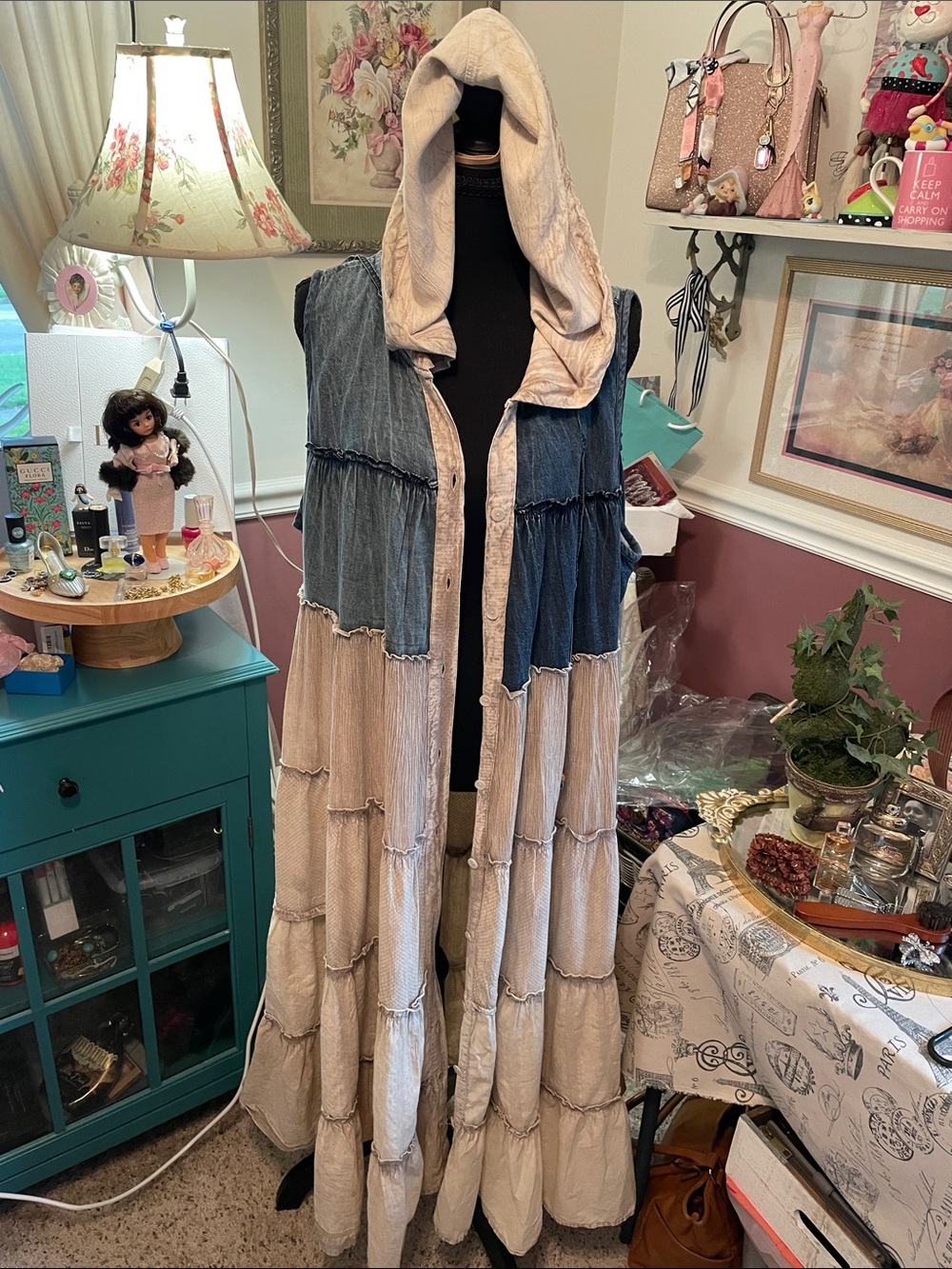 Womens Hooded Tiered Maxi Dress/Duster / Coat in Beige and Denim Young Threads
